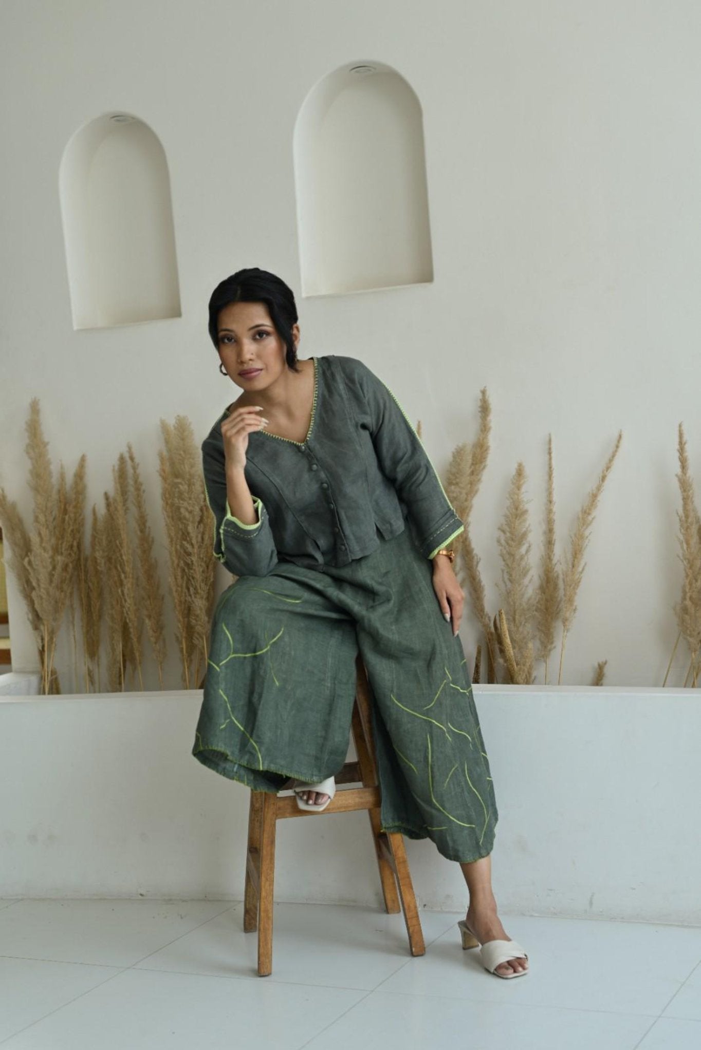 Olive Linen Embroidered Cropped Top