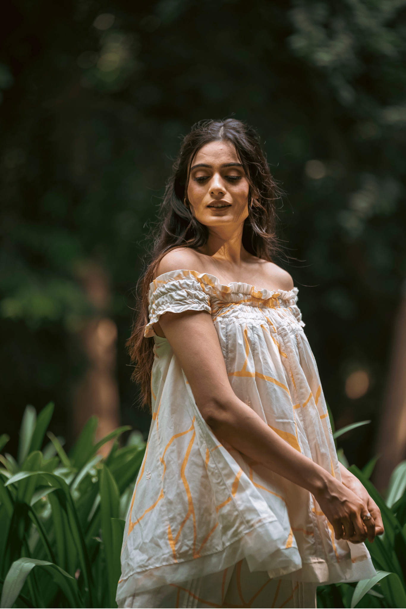 Beige Honeycomb Off-Shoulder Top
