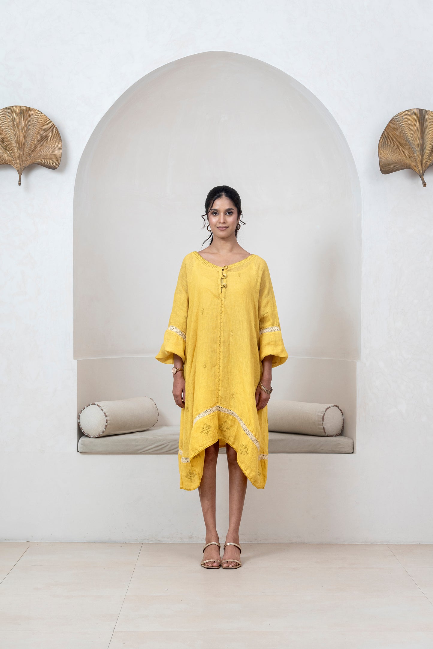 Mustard Yellow Gauze Linen Anti-fit Asymmetrical Dress