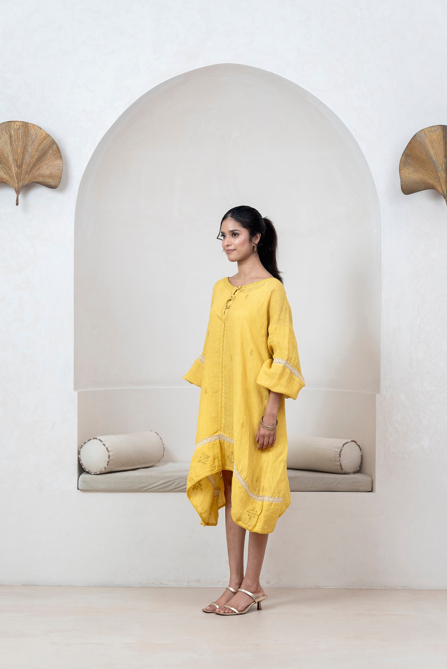 Mustard Yellow Gauze Linen Anti-fit Asymmetrical Dress