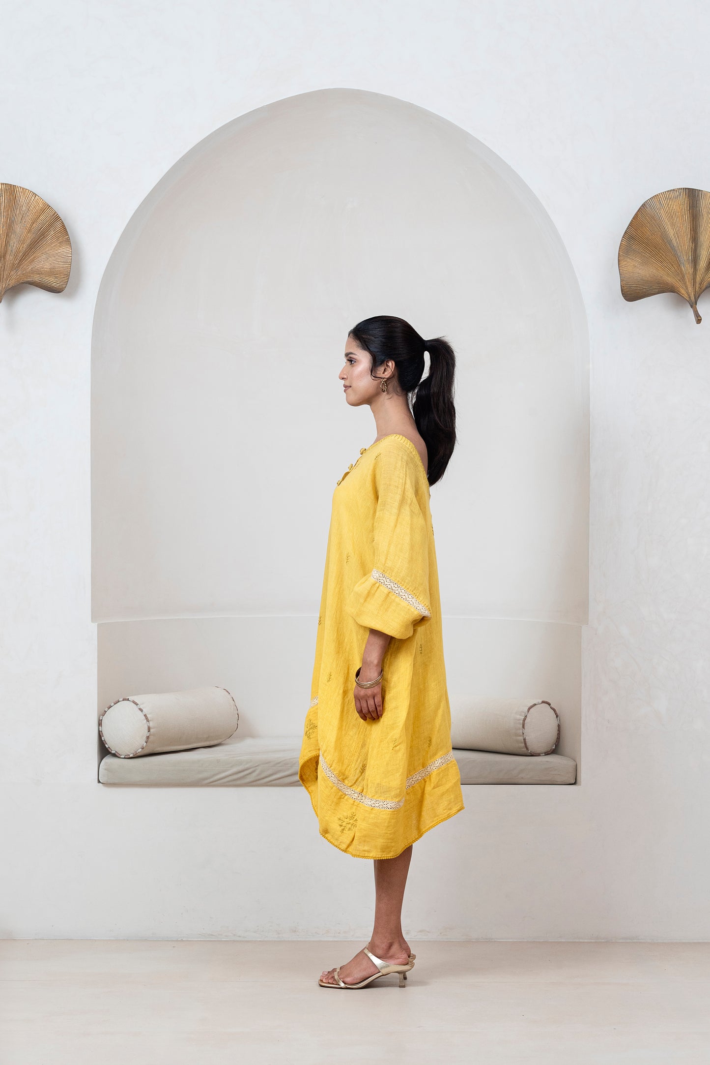 Mustard Yellow Gauze Linen Anti-fit Asymmetrical Dress
