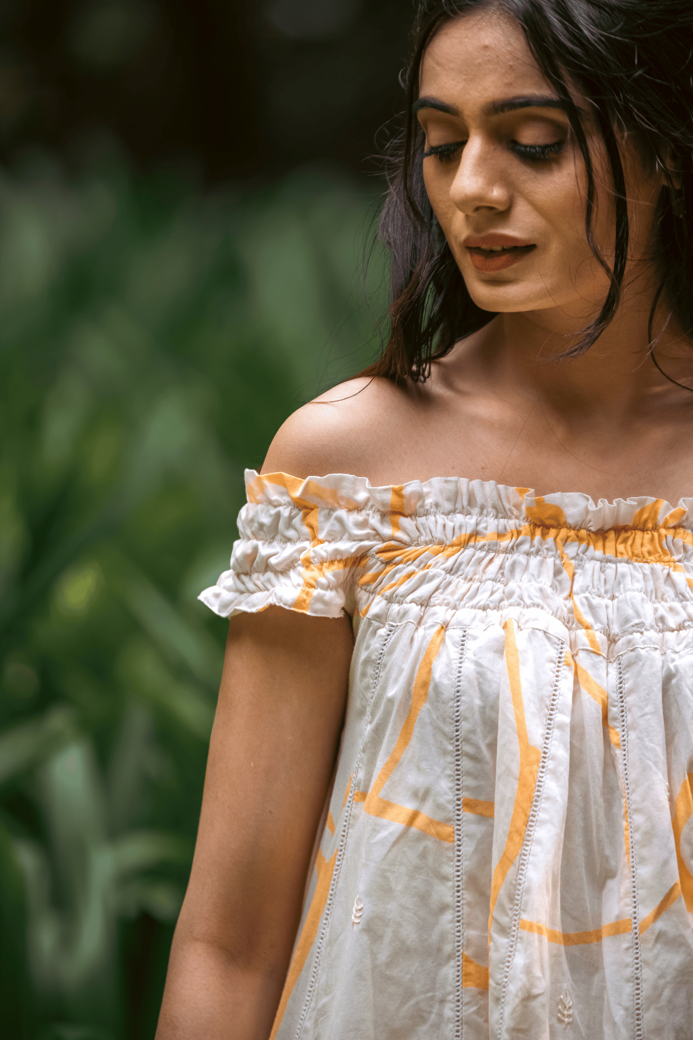 Beige Honeycomb Off-Shoulder Top