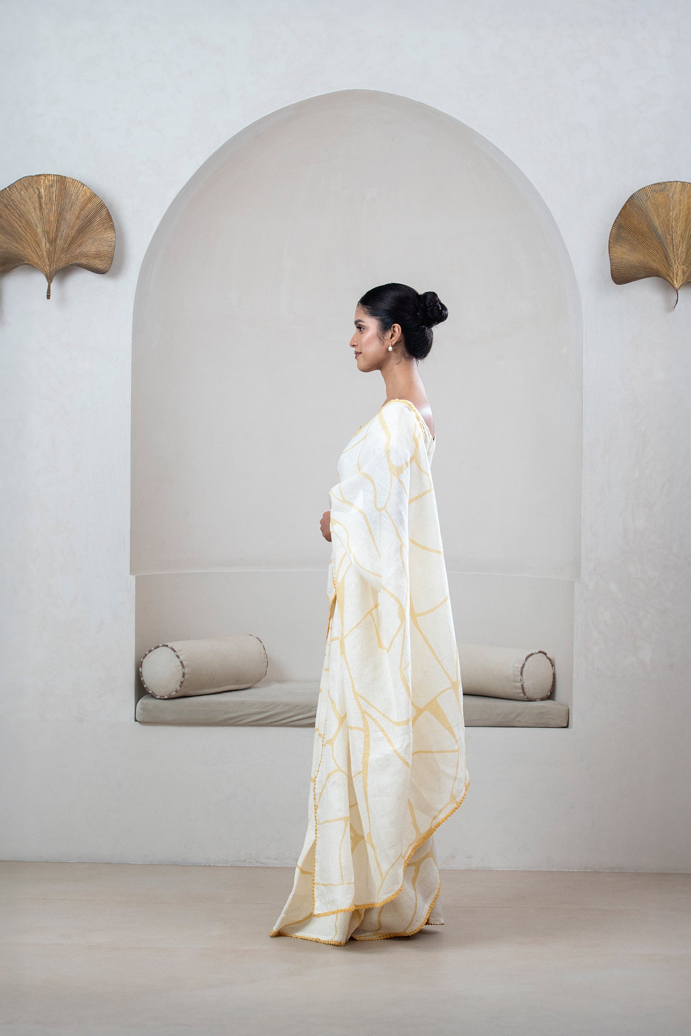 Ivory Linen Saree with Yellow Kintsugi Print