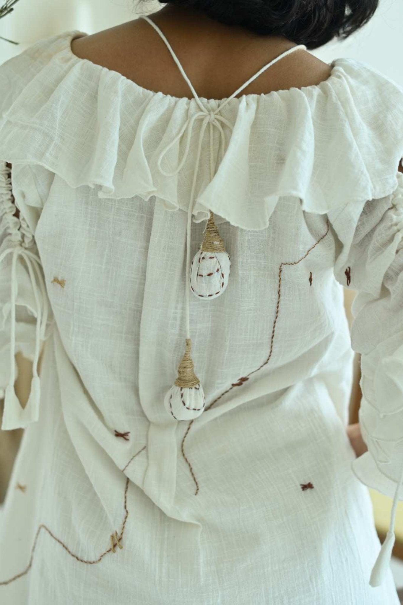 White Cotton Ruffled Neck Co-Ord Set