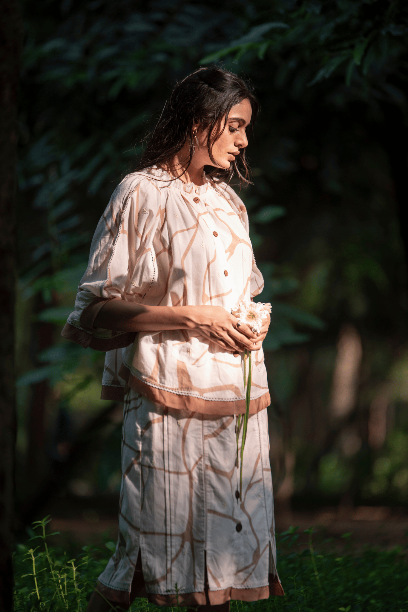 Beige & Brown Print Straight-Cut Skirt