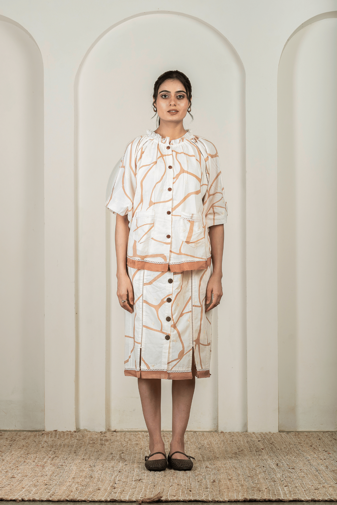 Beige & Brown Print Straight-Cut Skirt