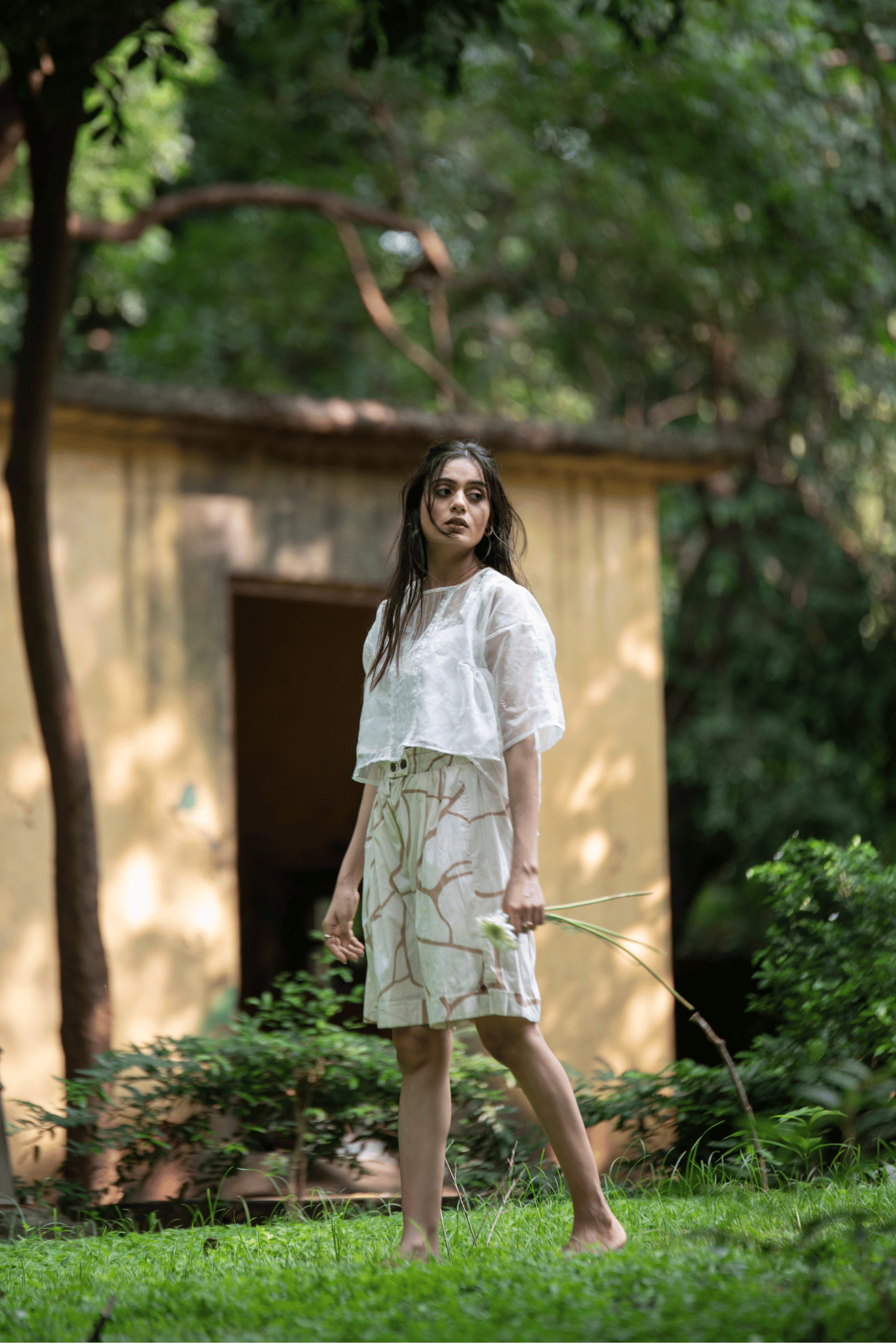 Beige & Brown Print Cotton Shorts