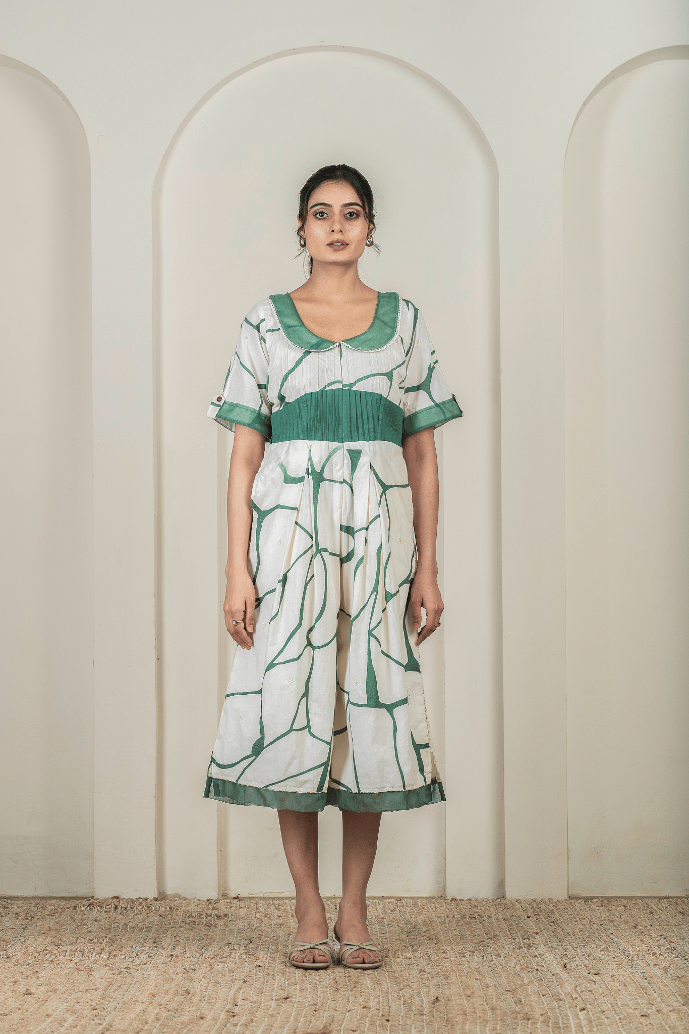 Beige & Green Print Cotton Jumpsuit