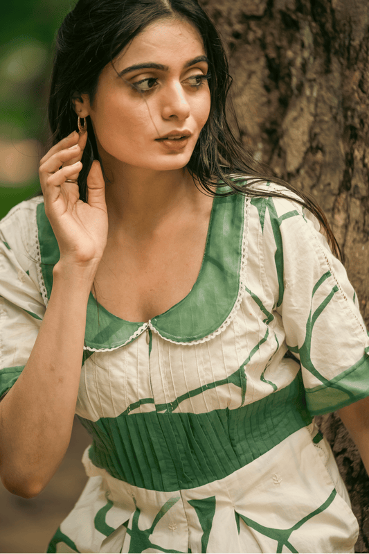 Beige & Green Printed Cotton Jumpsuit