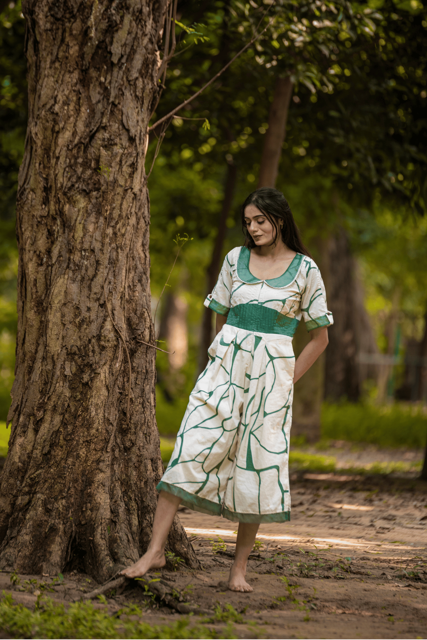 Beige & Green Print Cotton Jumpsuit