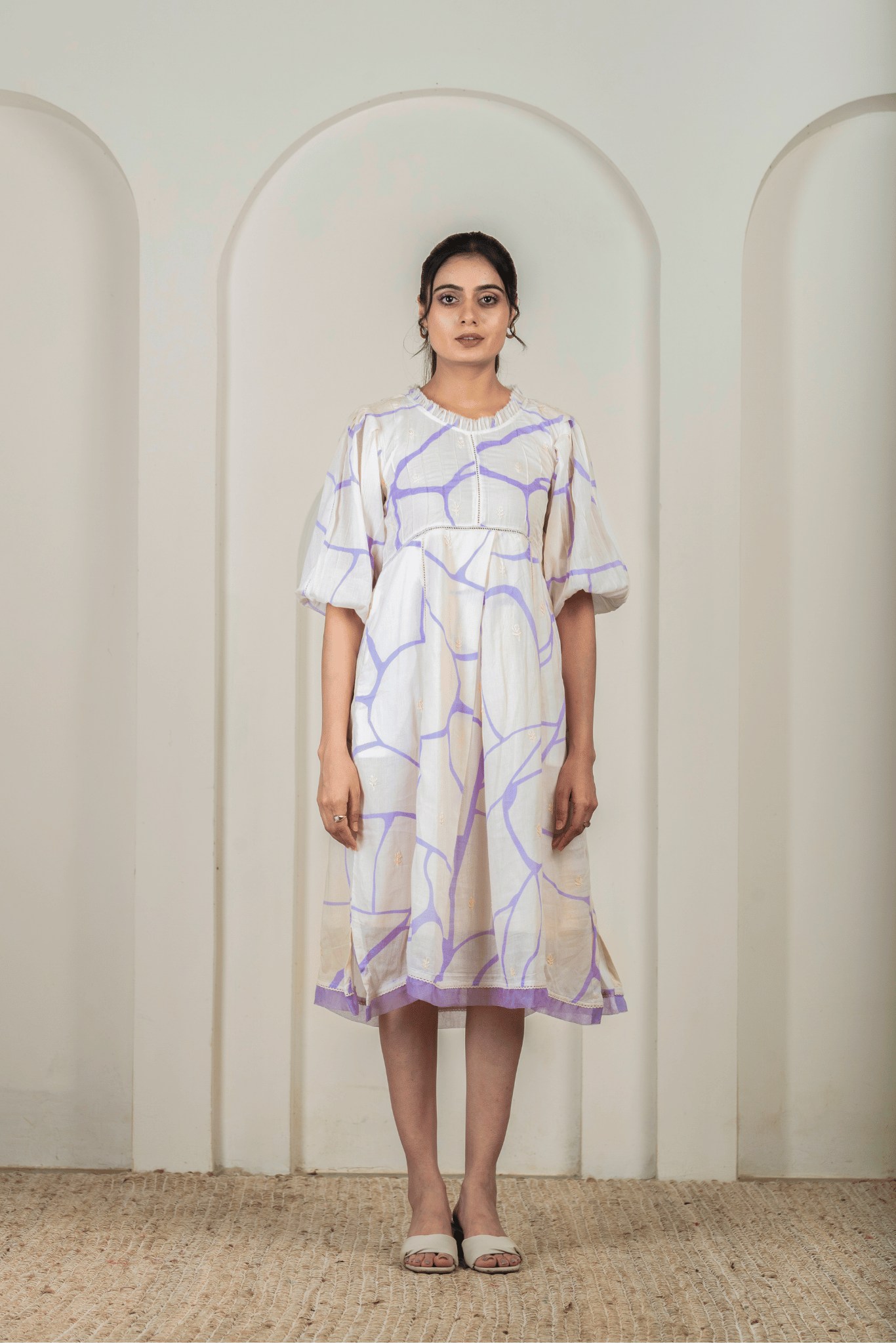 Beige & Lilac Print Cotton Dress