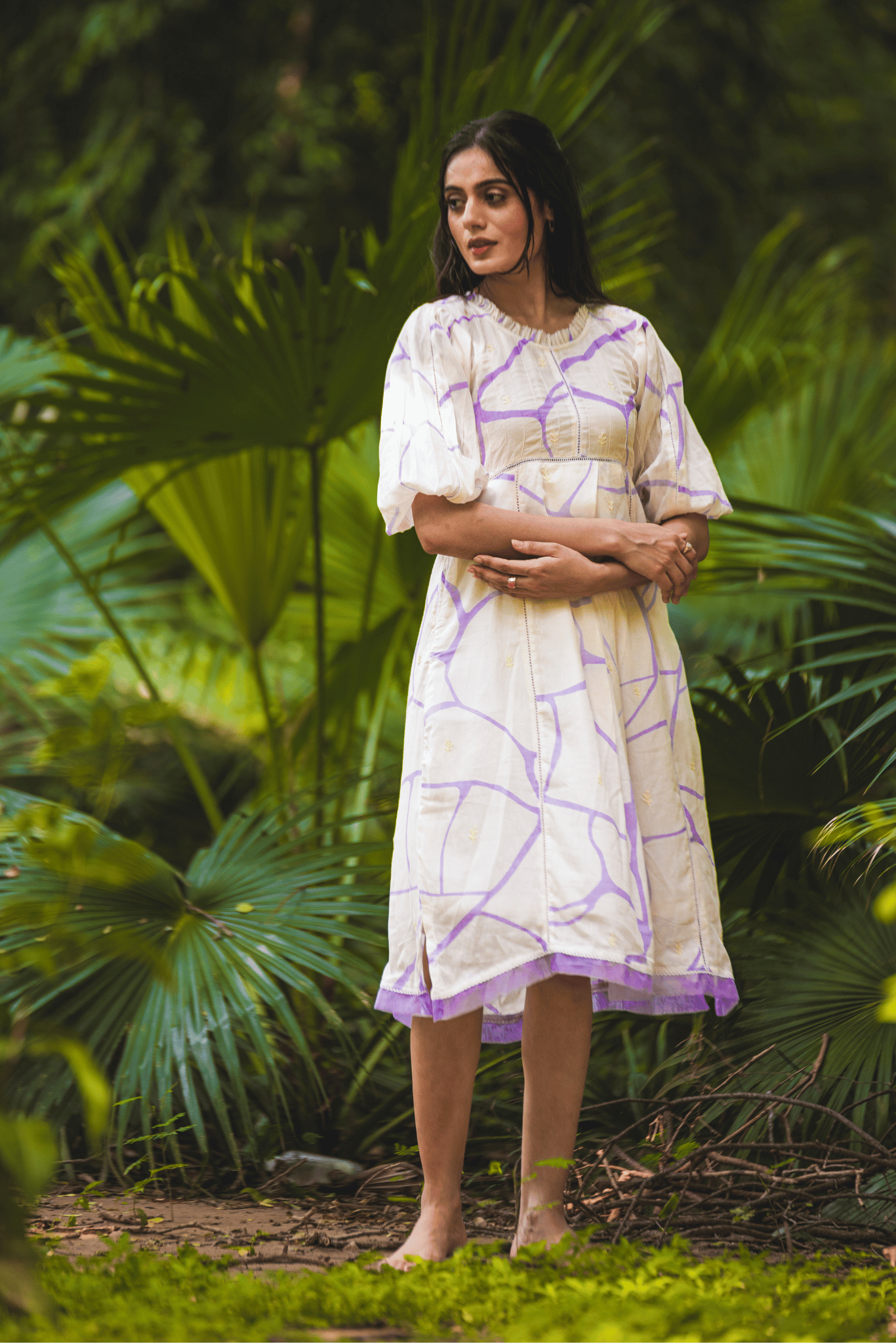 Beige & Lilac Print Cotton Dress