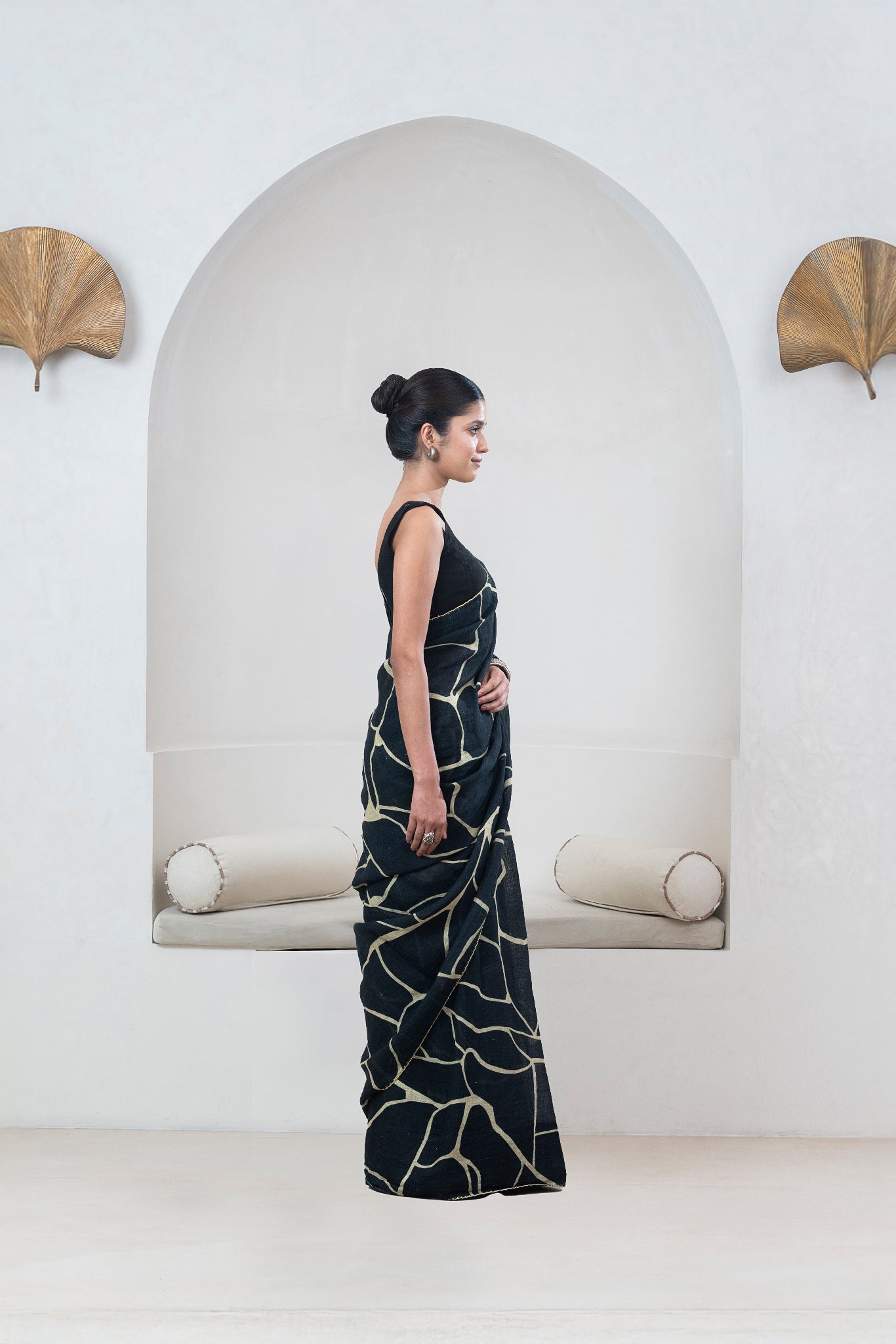 Black Kintsugi Yellow Print Gauze Linen Sari