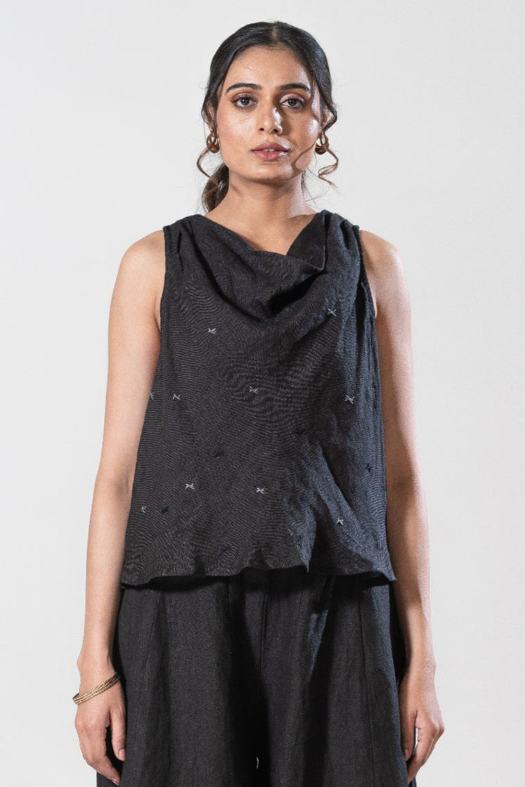 Gauze Linen Cowl Neck Top