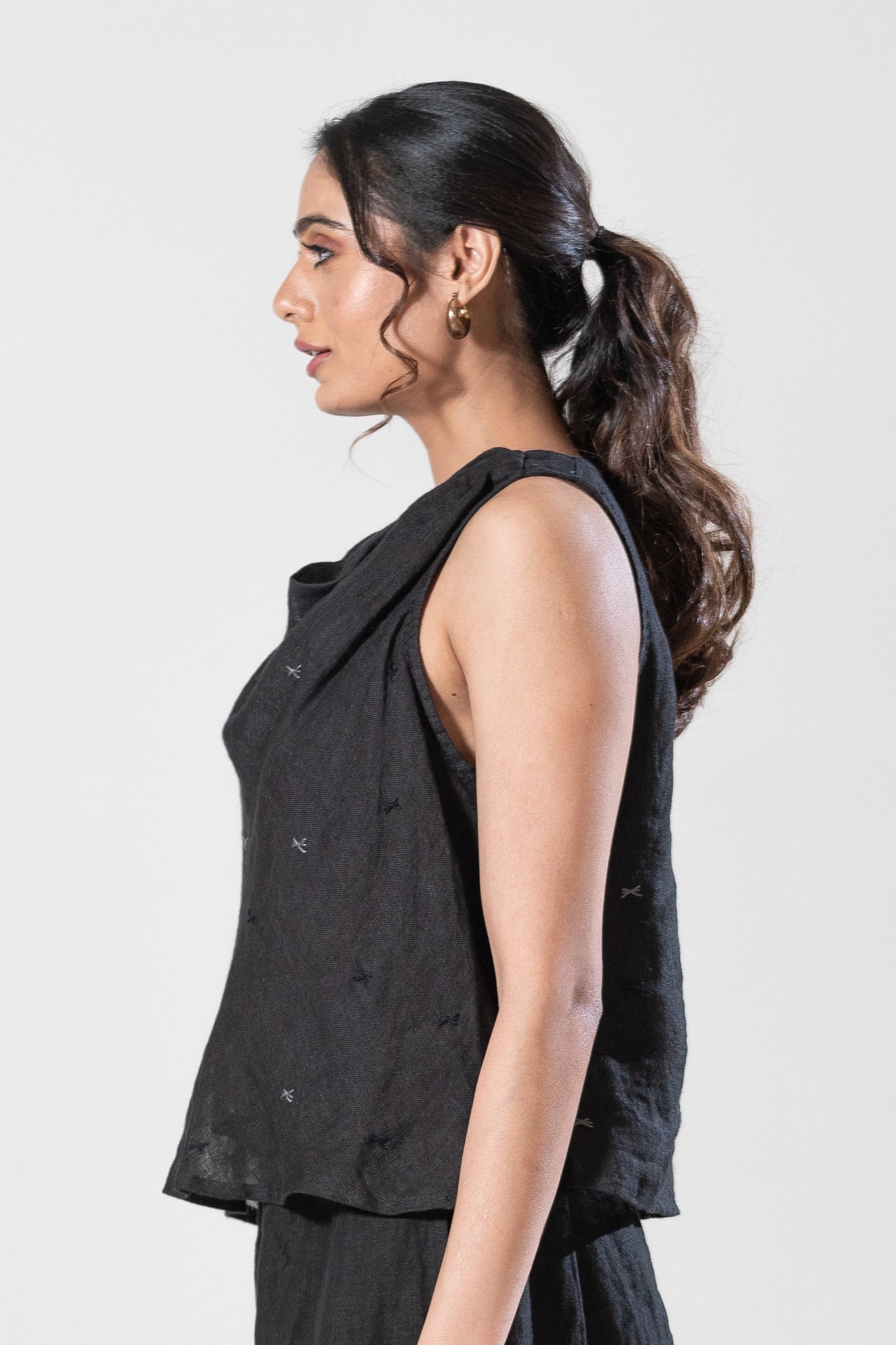 Gauze Linen Cowl Neck Top