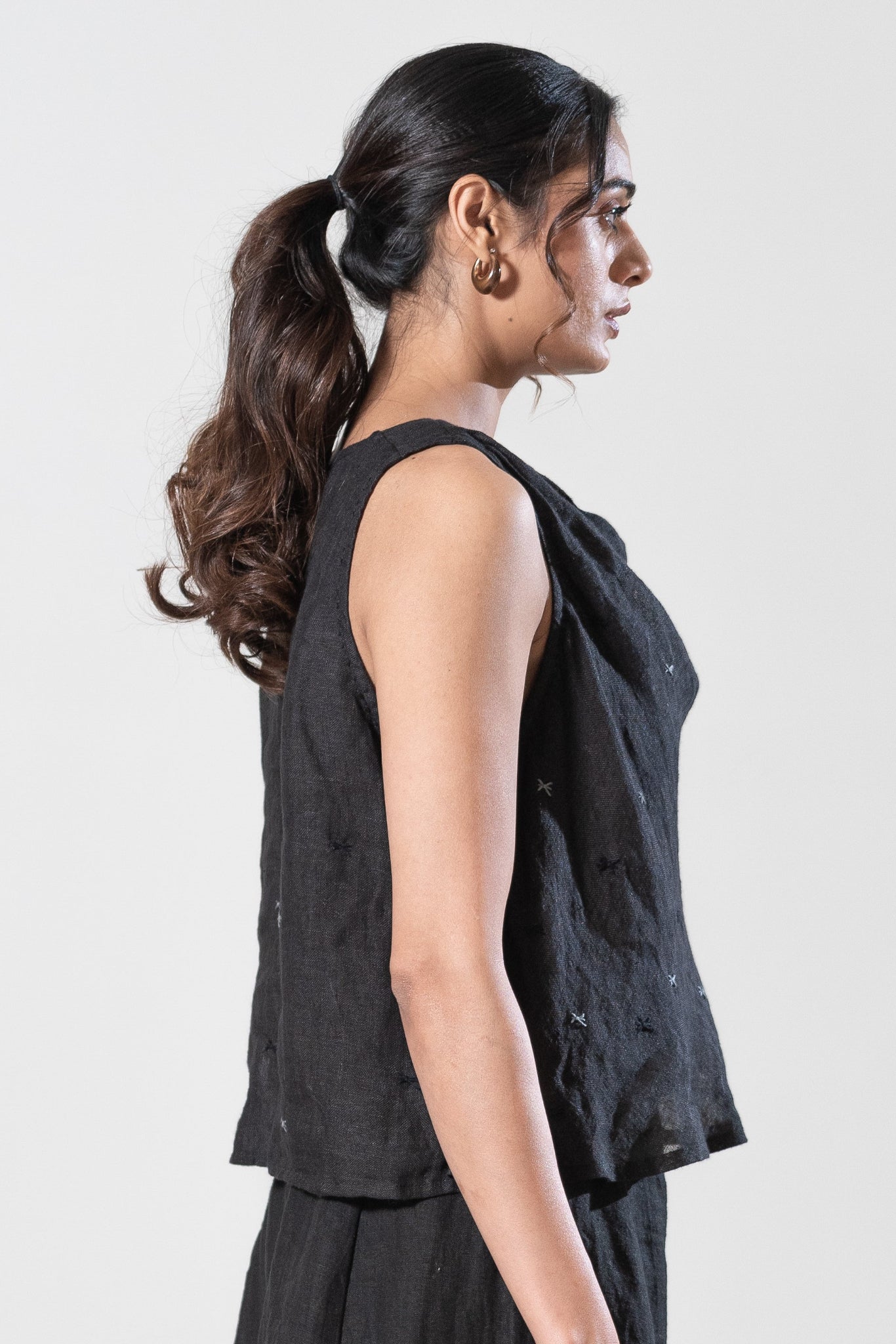 Gauze Linen Cowl Neck Top