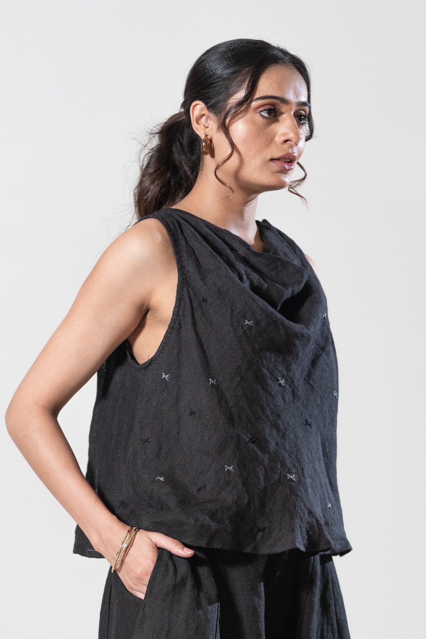 Gauze Linen Cowl Neck Top