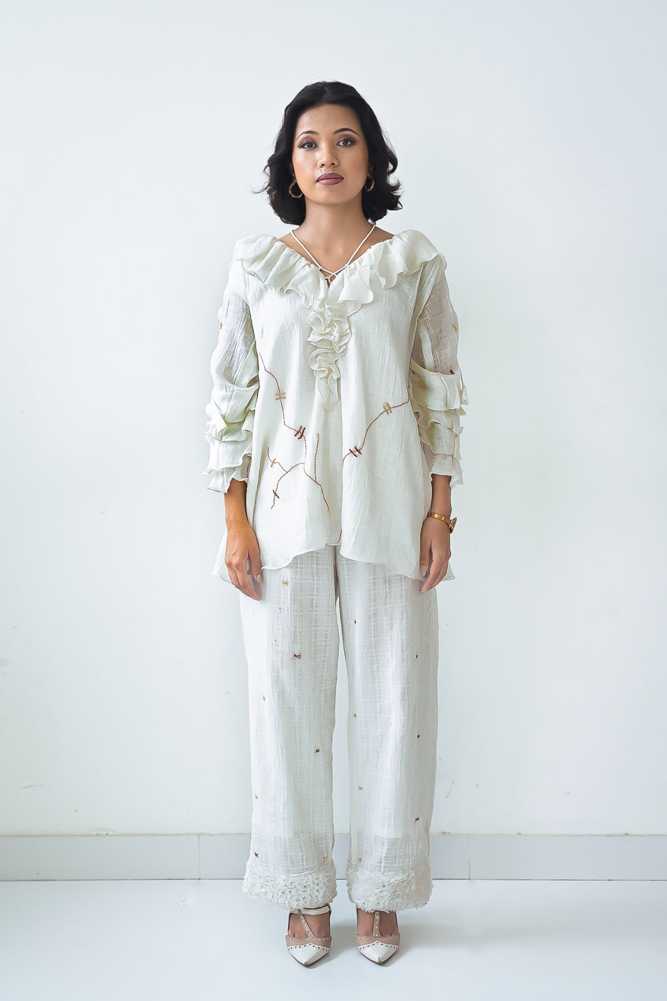 White Cotton Ruffled Neck Co-Ord Set