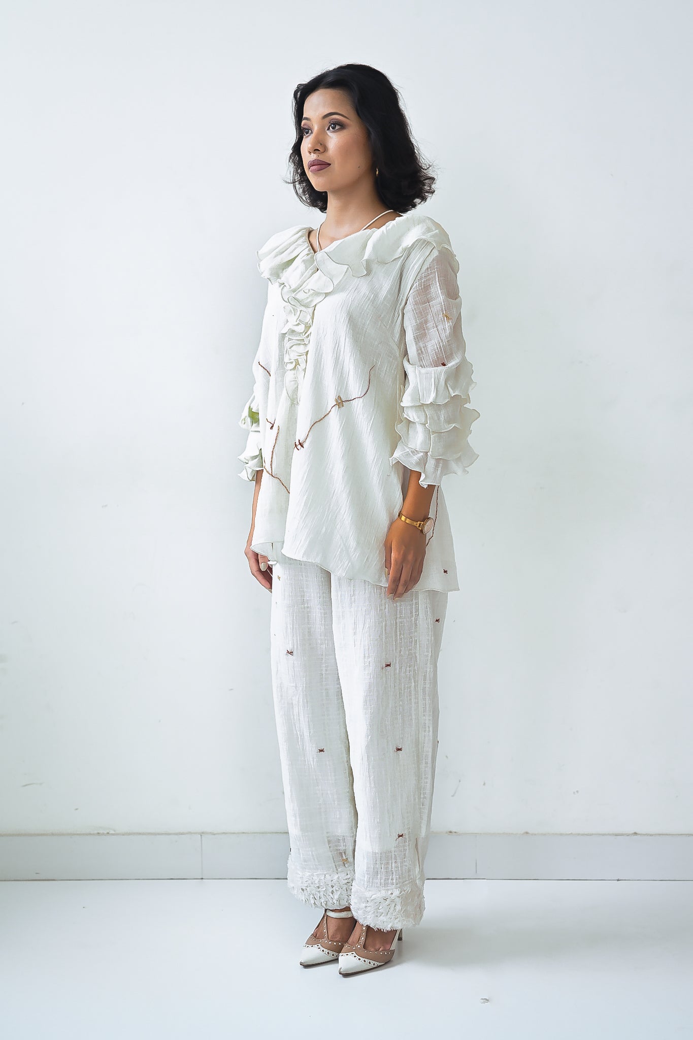 White Cotton Ruffled Neck Co-Ord Set