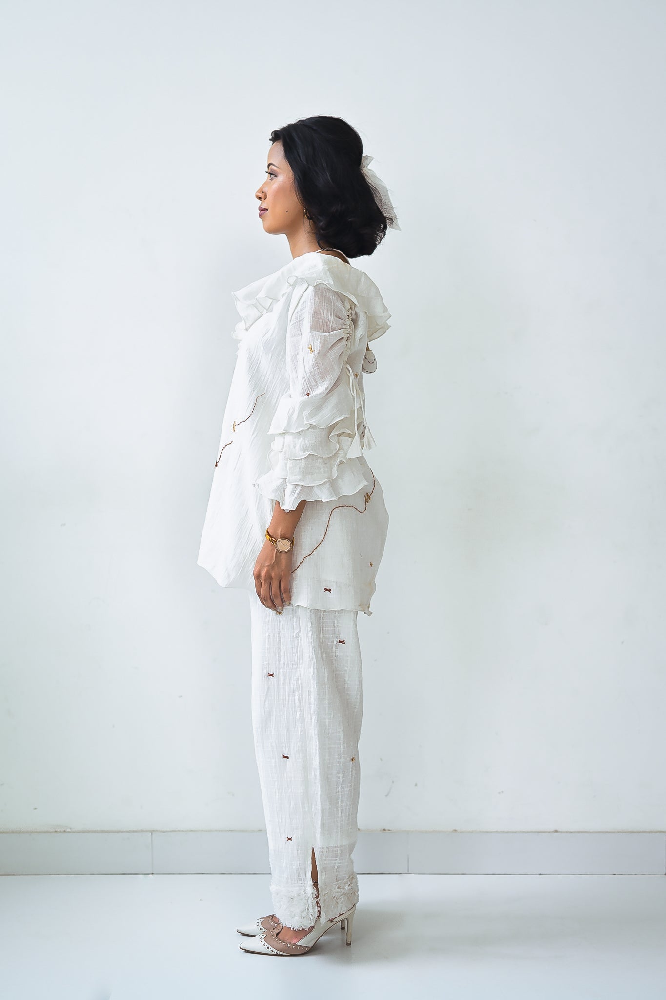 White Cotton Ruffled Neck Co-Ord Set