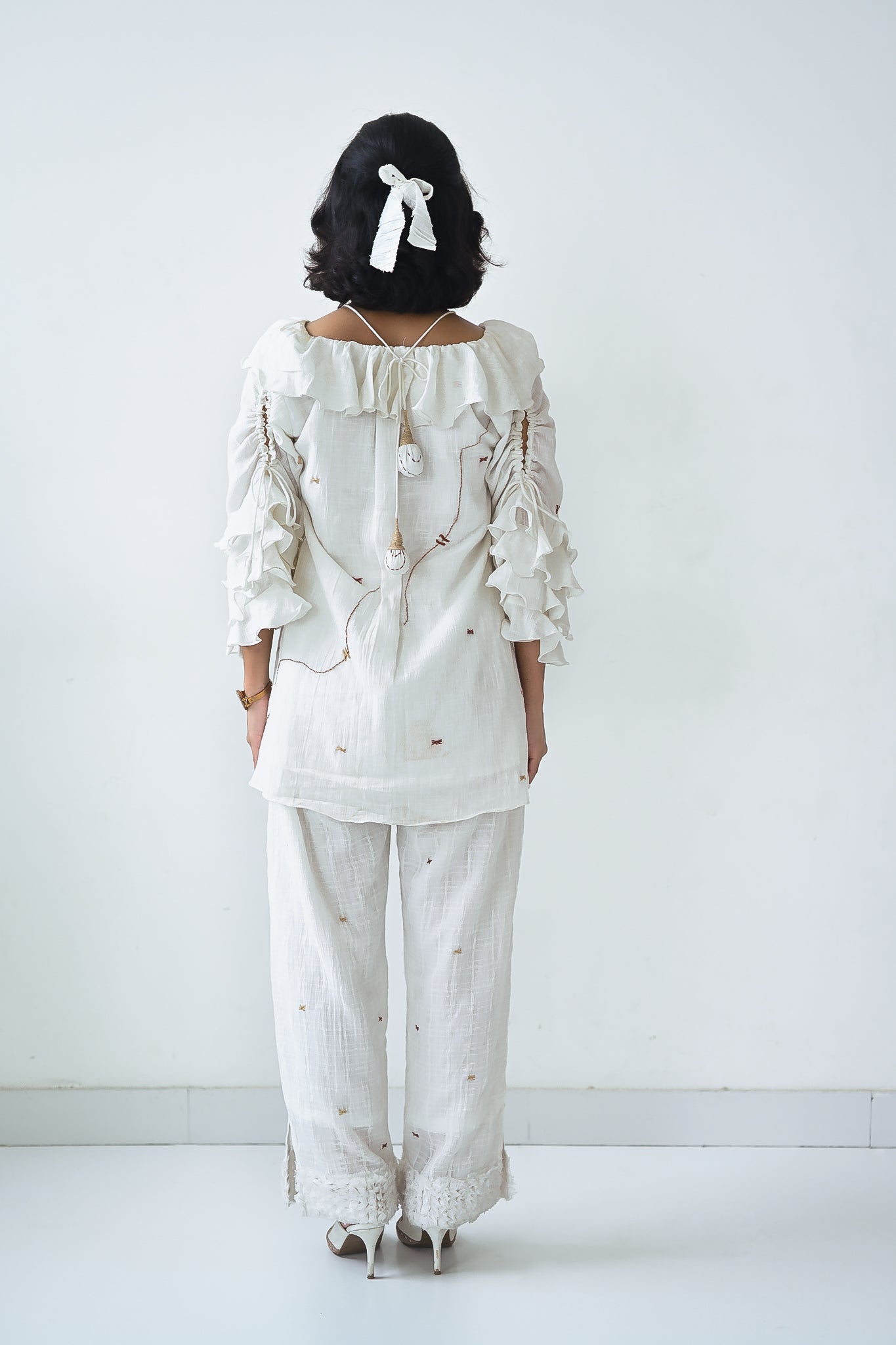 White Cotton Ruffled Neck Co-Ord Set