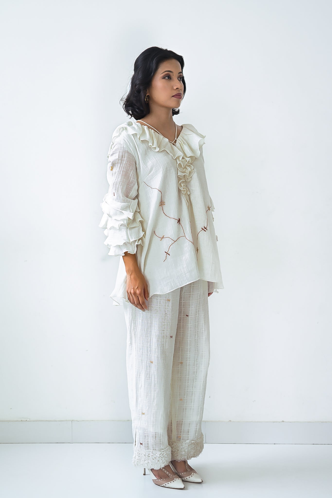 White Cotton Ruffled Neck Co-Ord Set