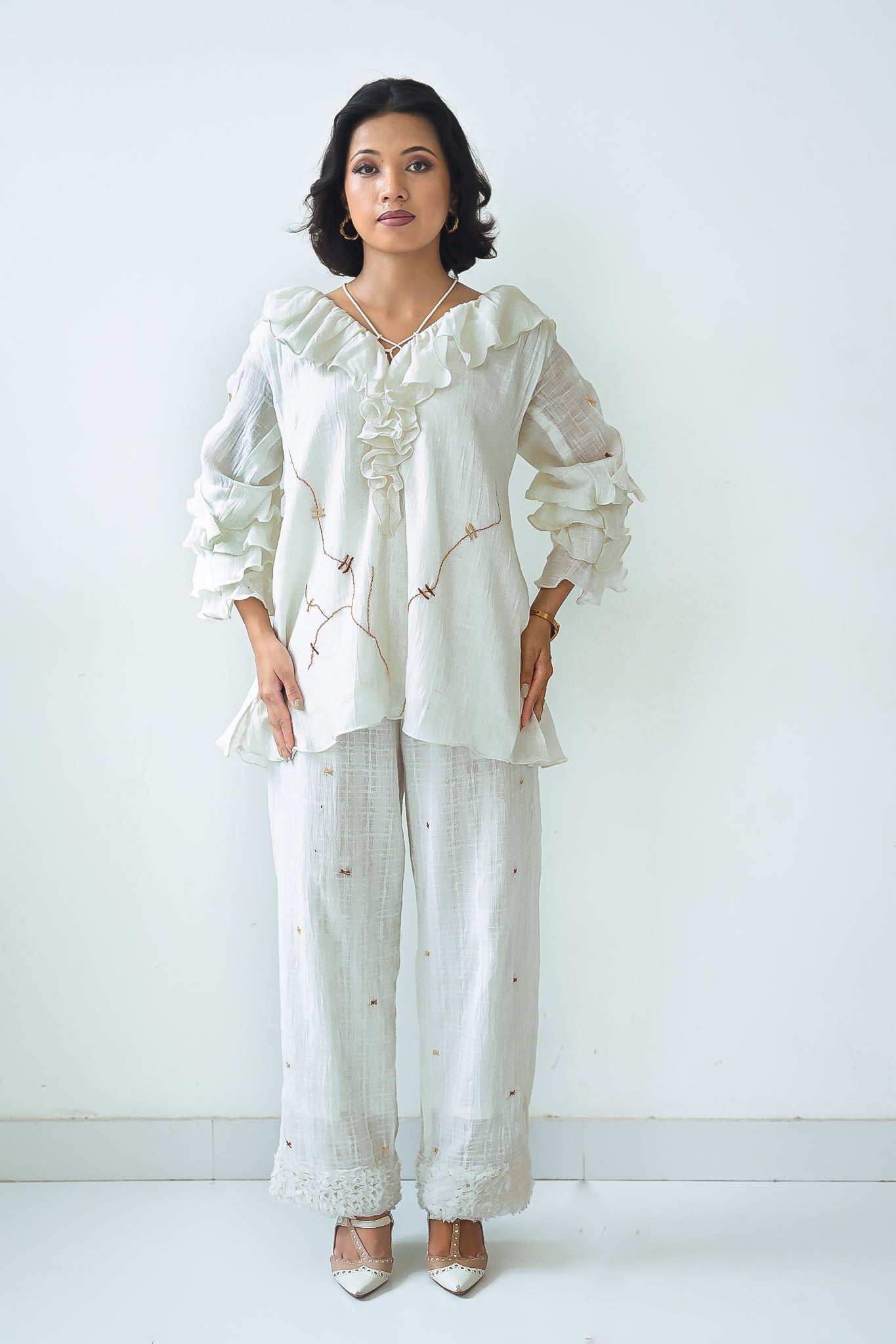 White Cotton Ruffled Neck Co-Ord Set