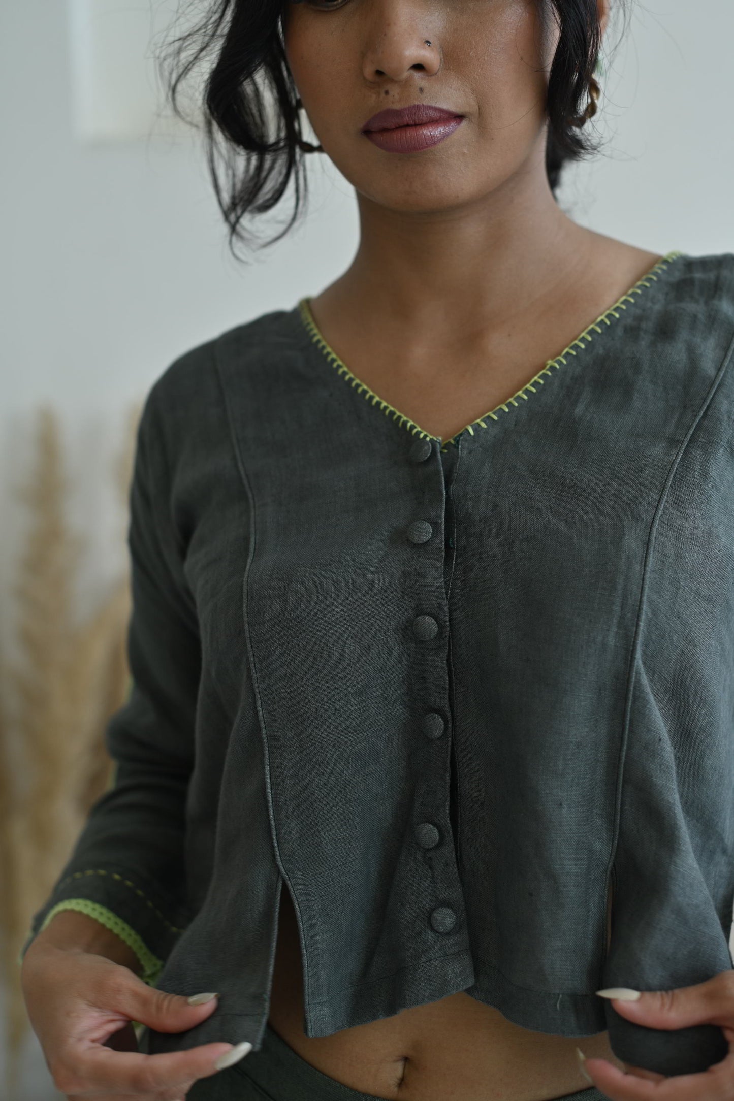 Olive Linen Embroidered Cropped Top