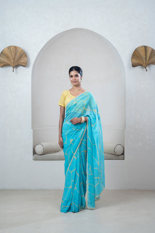 Turquoise Blue, Yellow Kintsugi Print Georgette Saree