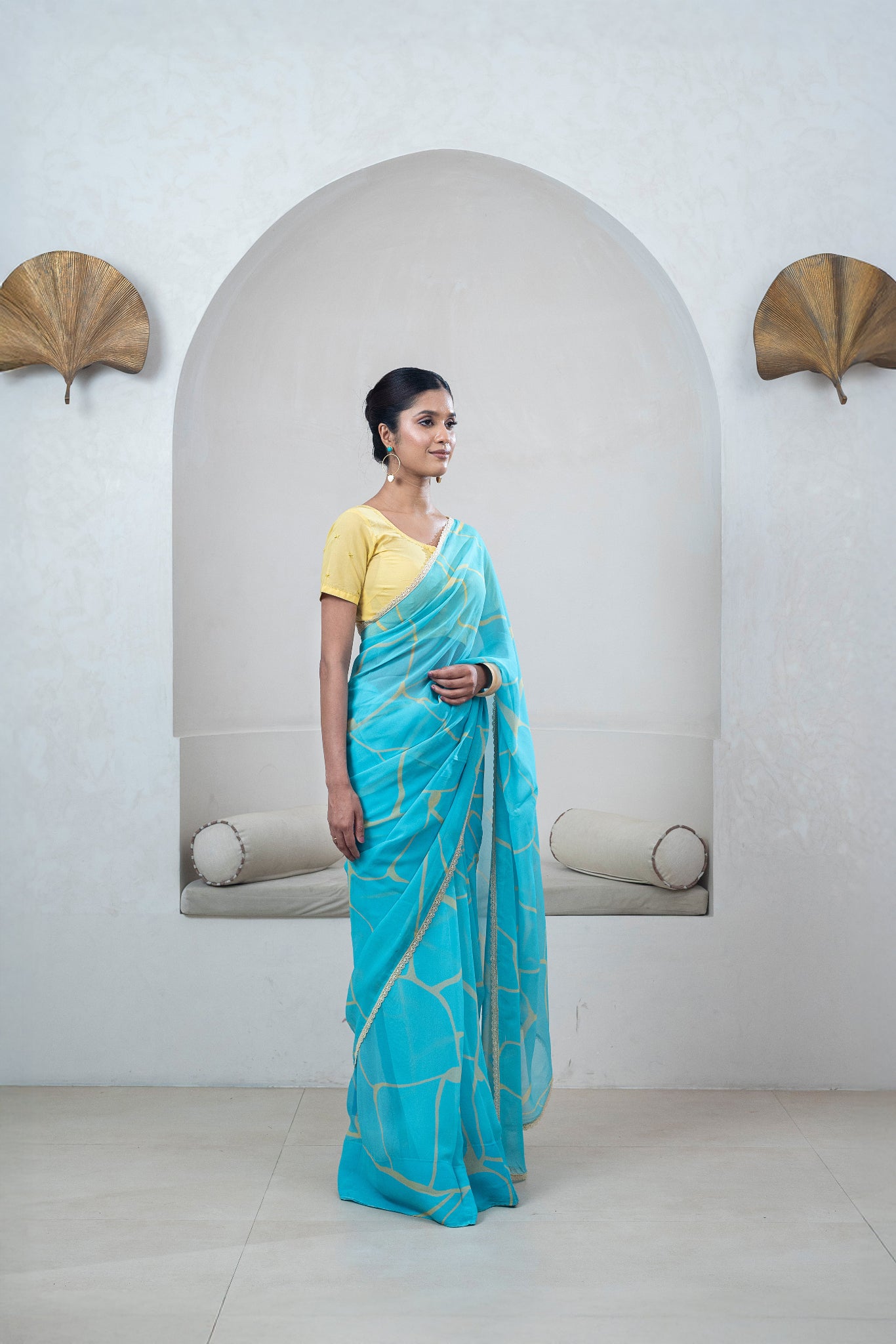 Turquoise Blue, Yellow Kintsugi Print Georgette Saree