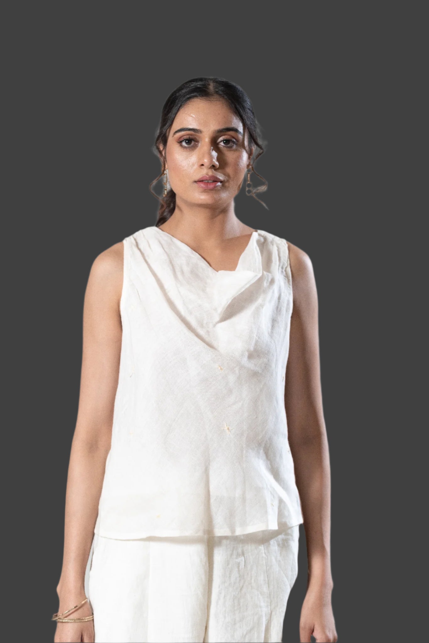 Gauze Linen Cowl Neck Top