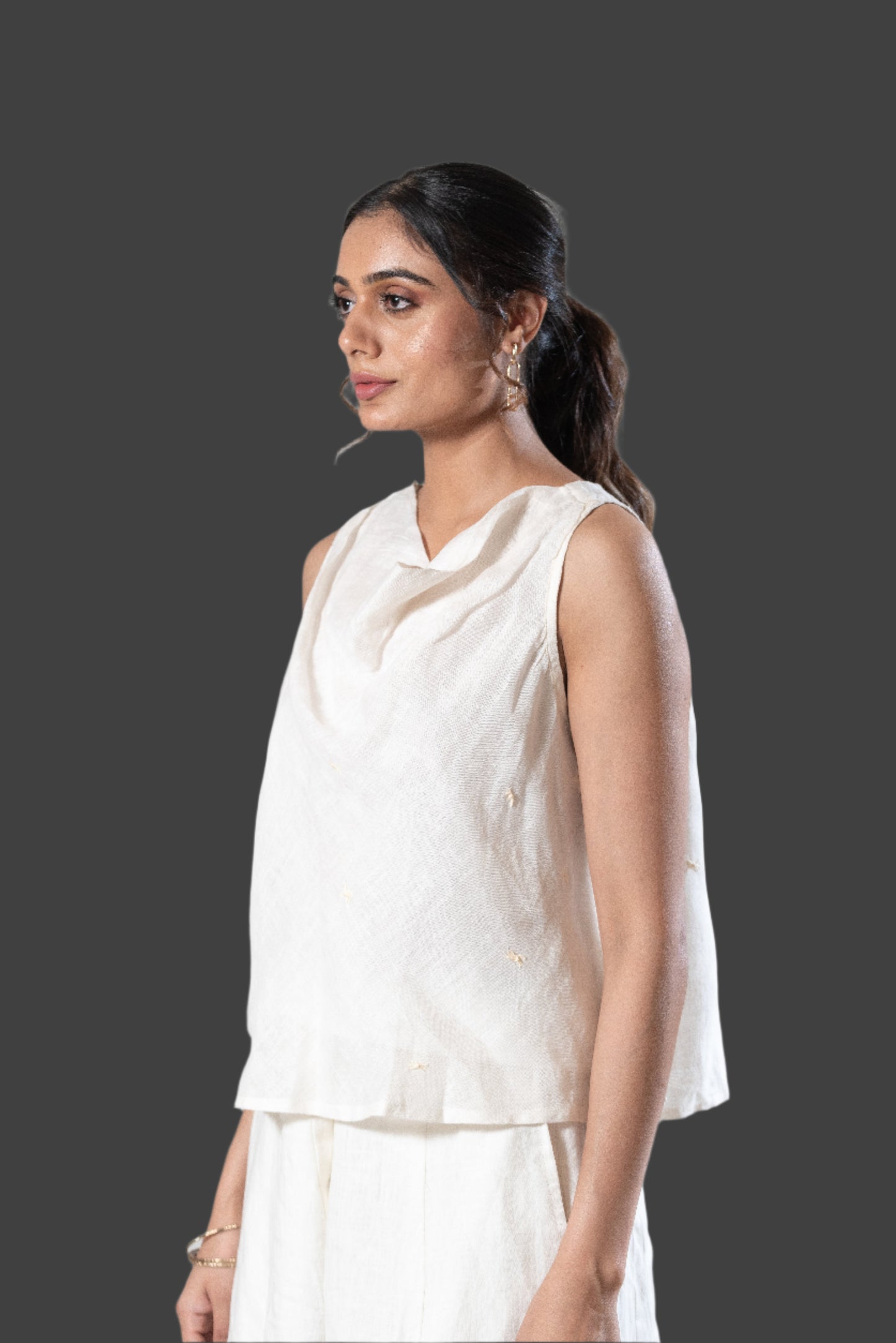 Gauze Linen Cowl Neck Top