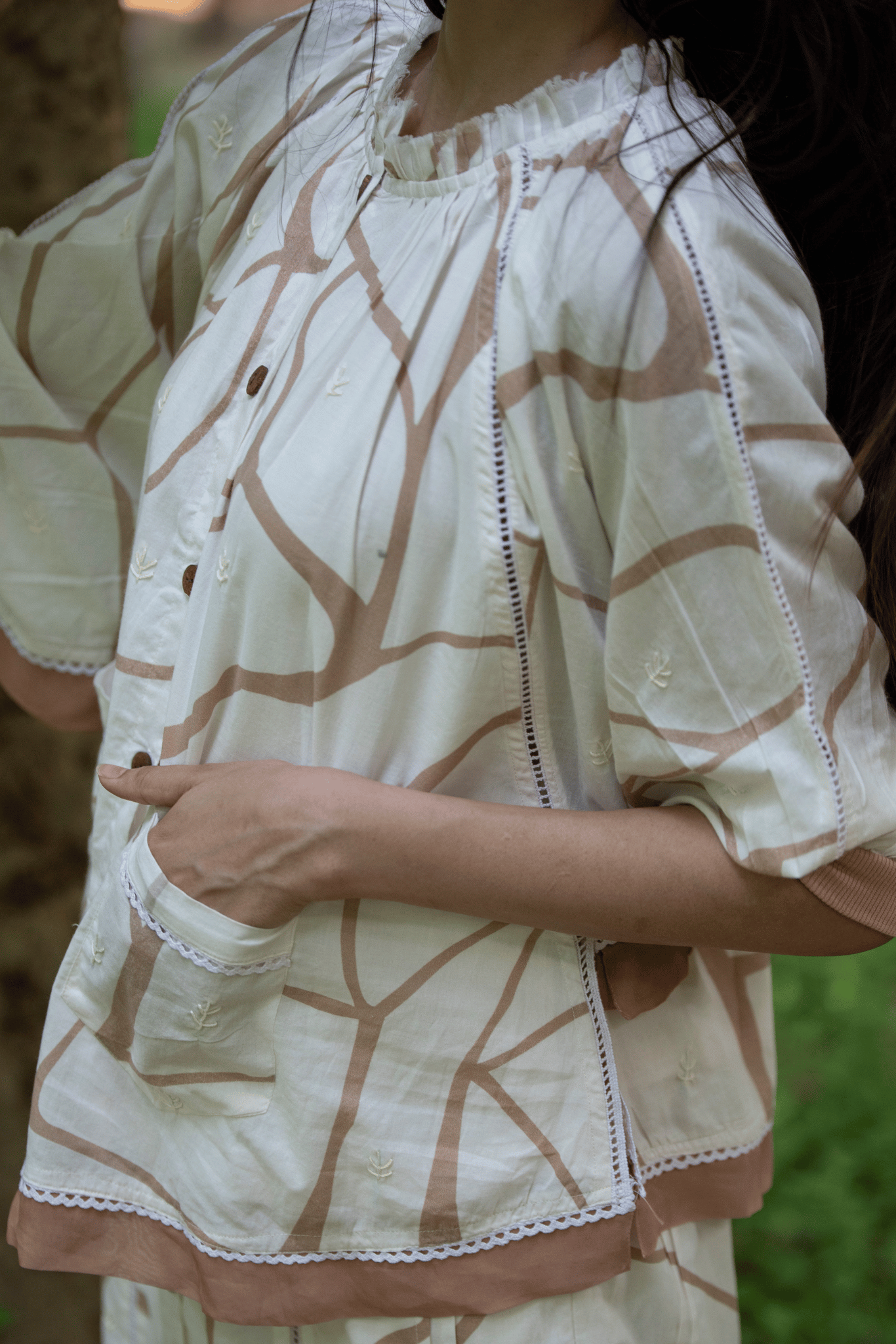 Beige & Brown Print Cotton Kaftan Top