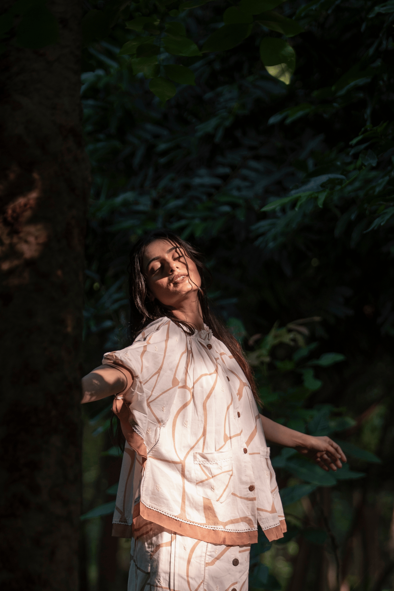 Beige & Brown Print Cotton Kaftan Top