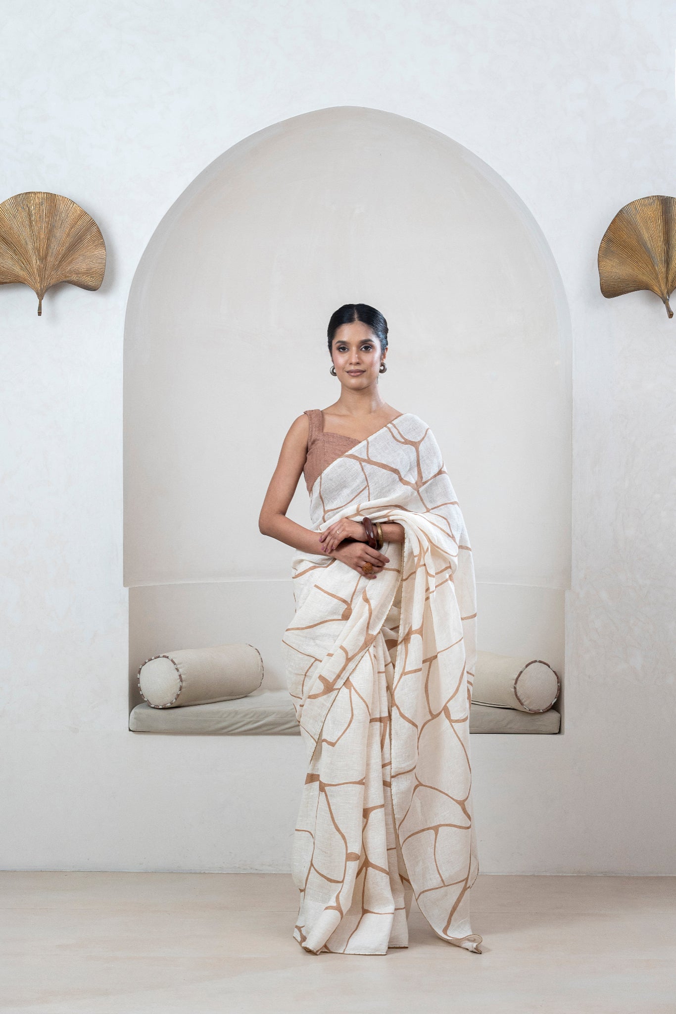Off-white Gauze Linen Saree With Brown Print