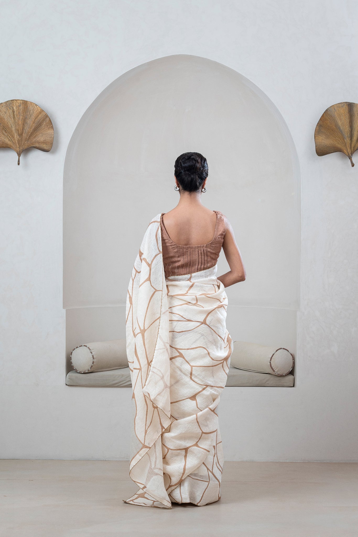 Off-white Gauze Linen Saree With Brown Print