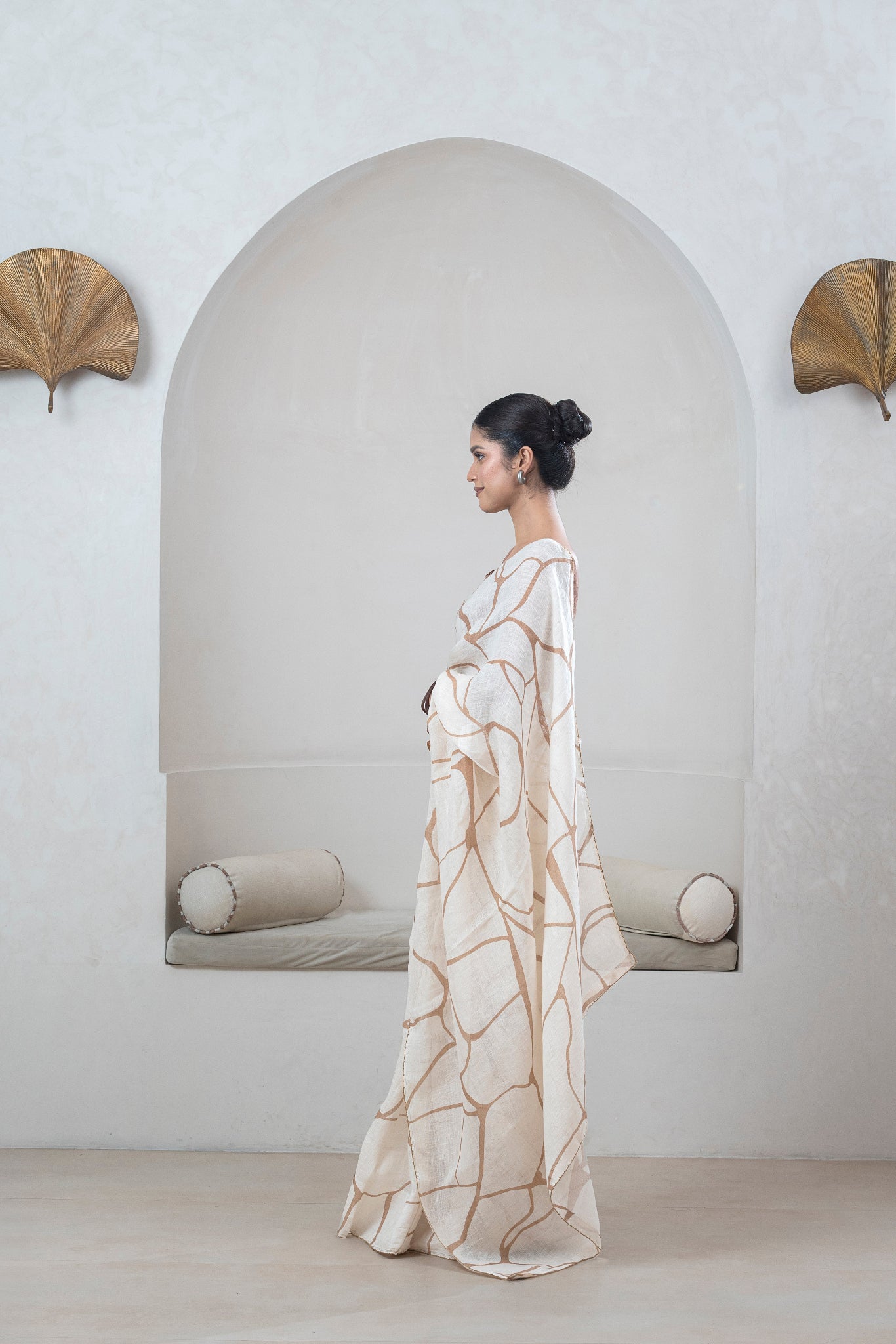 Off-white Gauze Linen Saree With Brown Print