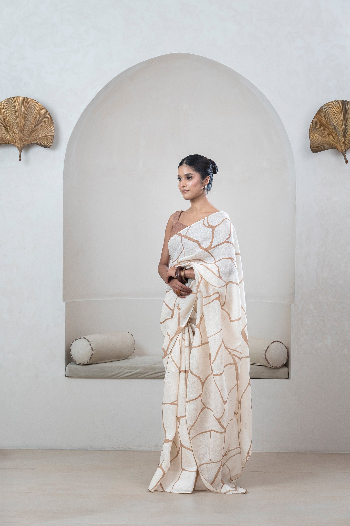 Off-white Gauze Linen Saree With Brown Print