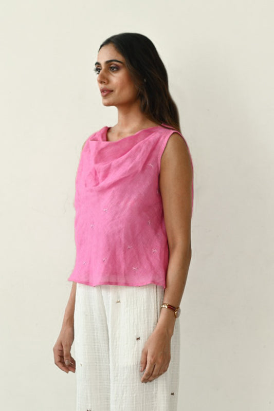 Gauze Linen Cowl Neck Top