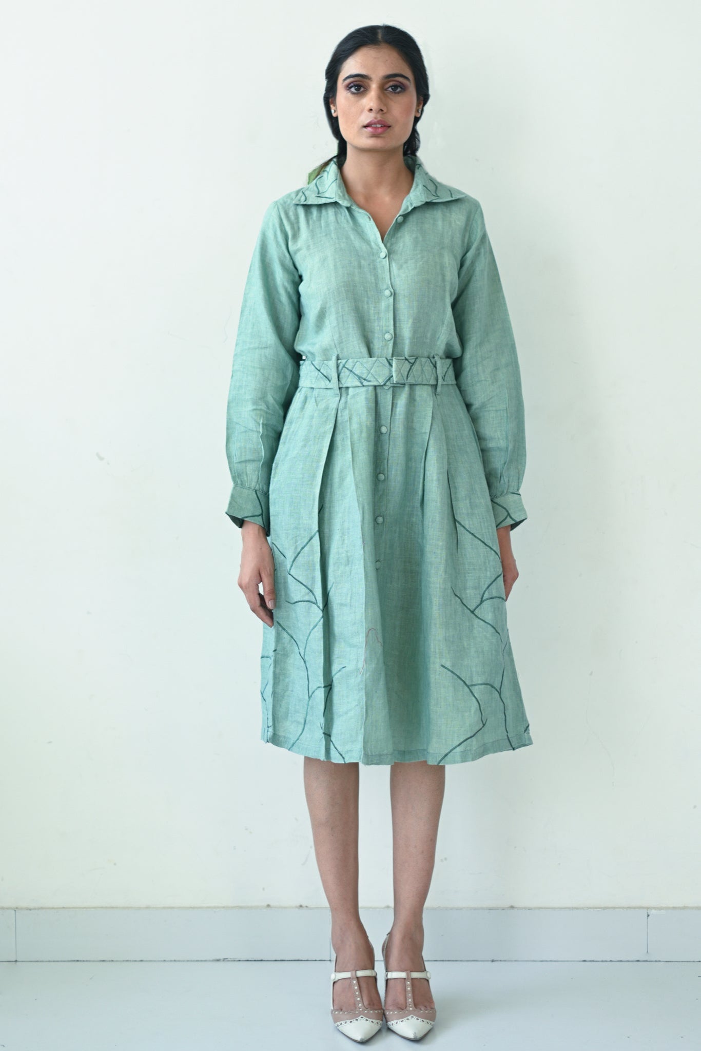 Green Linen Shirt-style Dress