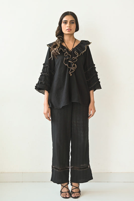 Black Cotton Ruffled Neck Co-Ord Set
