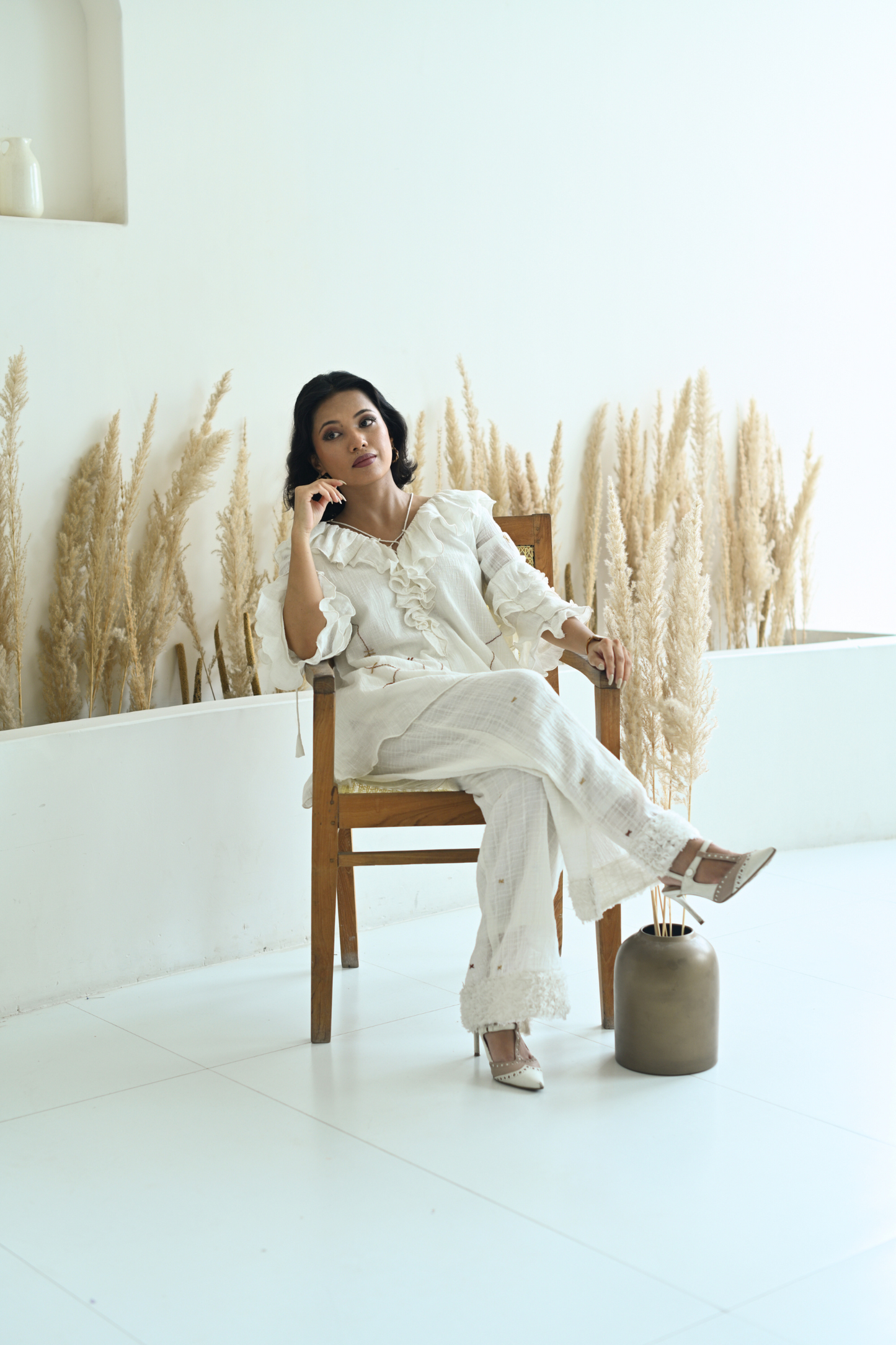 White Cotton Ruffled Neck Co-Ord Set