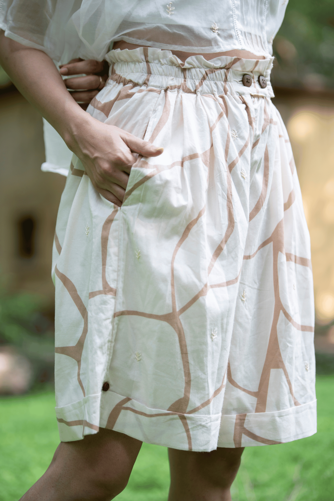 Beige & Brown Print Cotton Shorts