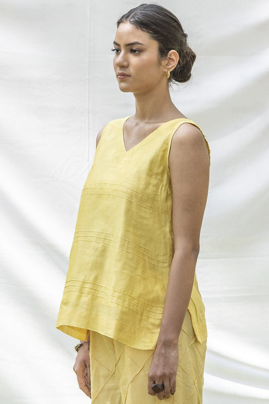 Lemon Yellow Sleeveless Chanderi Silk Top with Pin Tuck Detailing