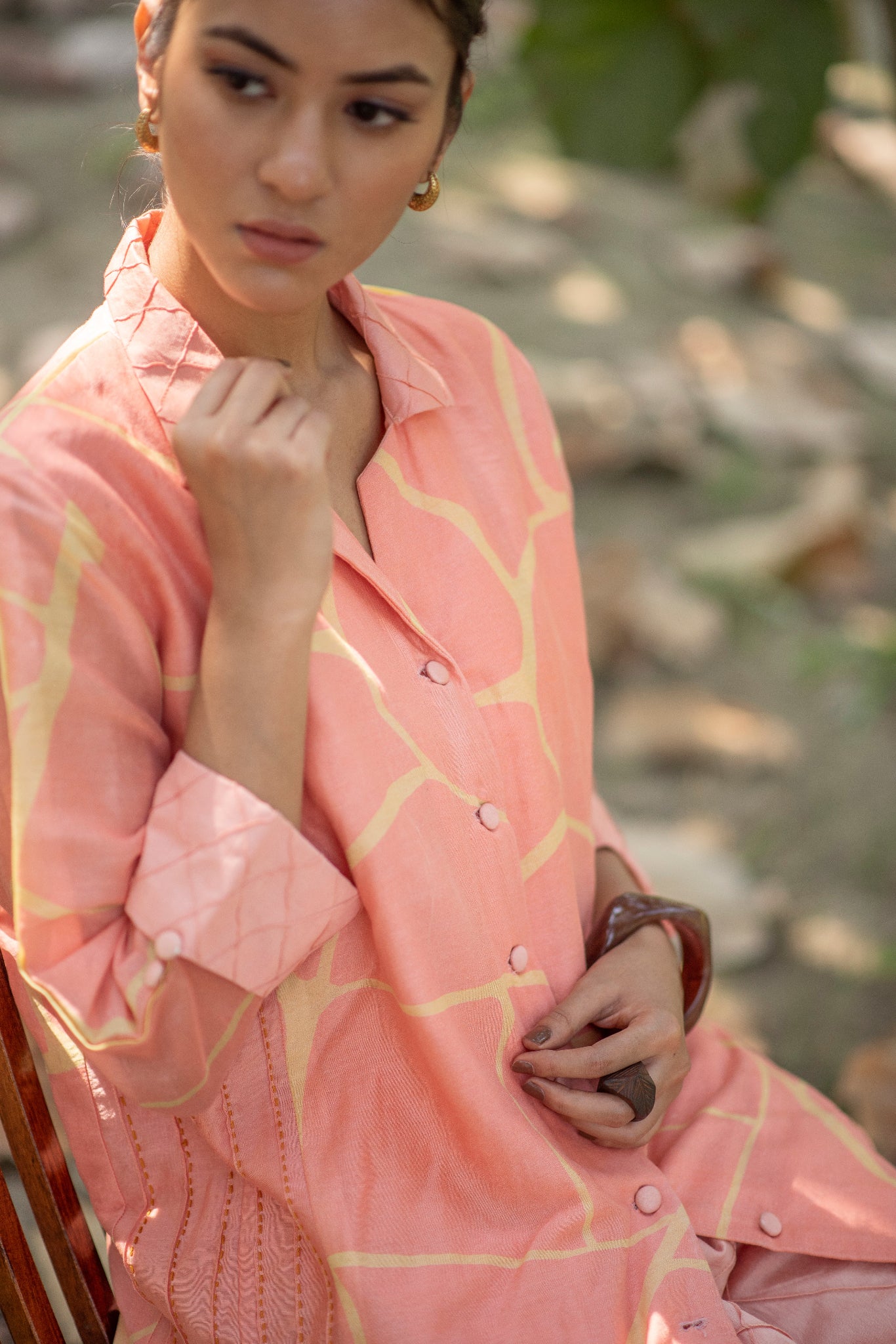 Peach Chanderi Silk Co-Ord Set with Yellow Kintsugi Print & Kantha Embroidery