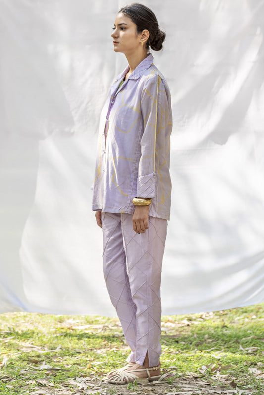 Lilac Chanderi Silk Co-Ord Set with Yellow Kintsugi Print & Kantha Embroidery