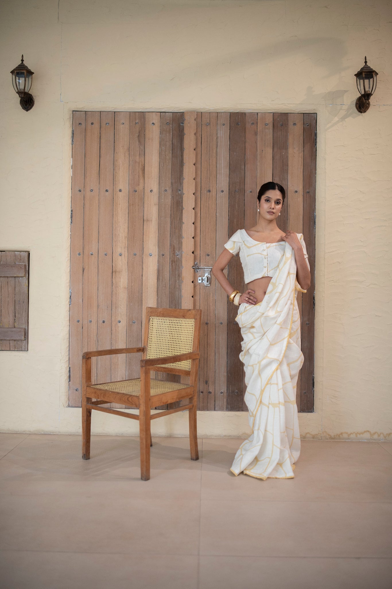 Ivory Linen Saree with Yellow Kintsugi Print