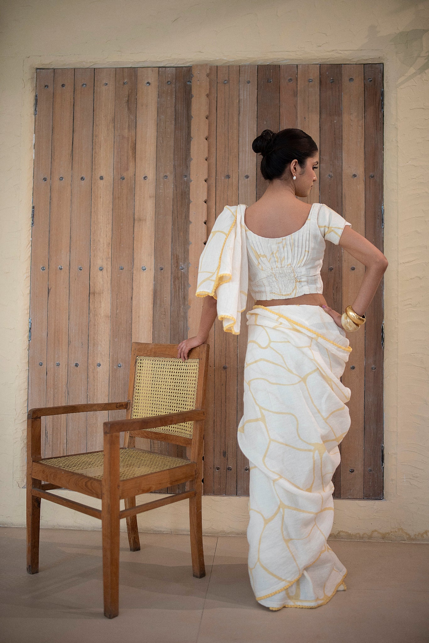 Ivory Yellow Print, Linen Blouse With Tulip Style Sleeves