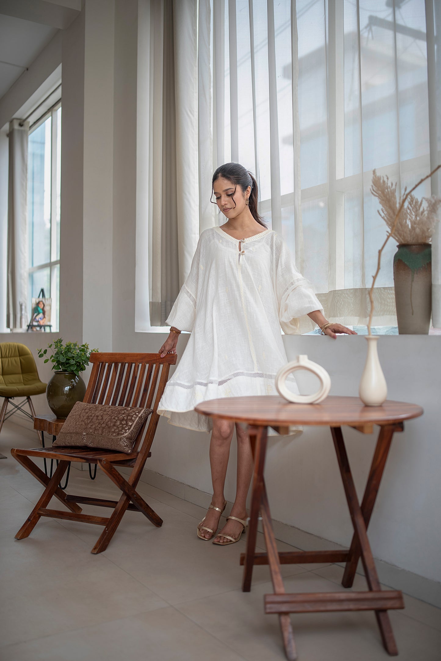 Ivory Slub Cotton Anti-fit Asymmetrical Dress