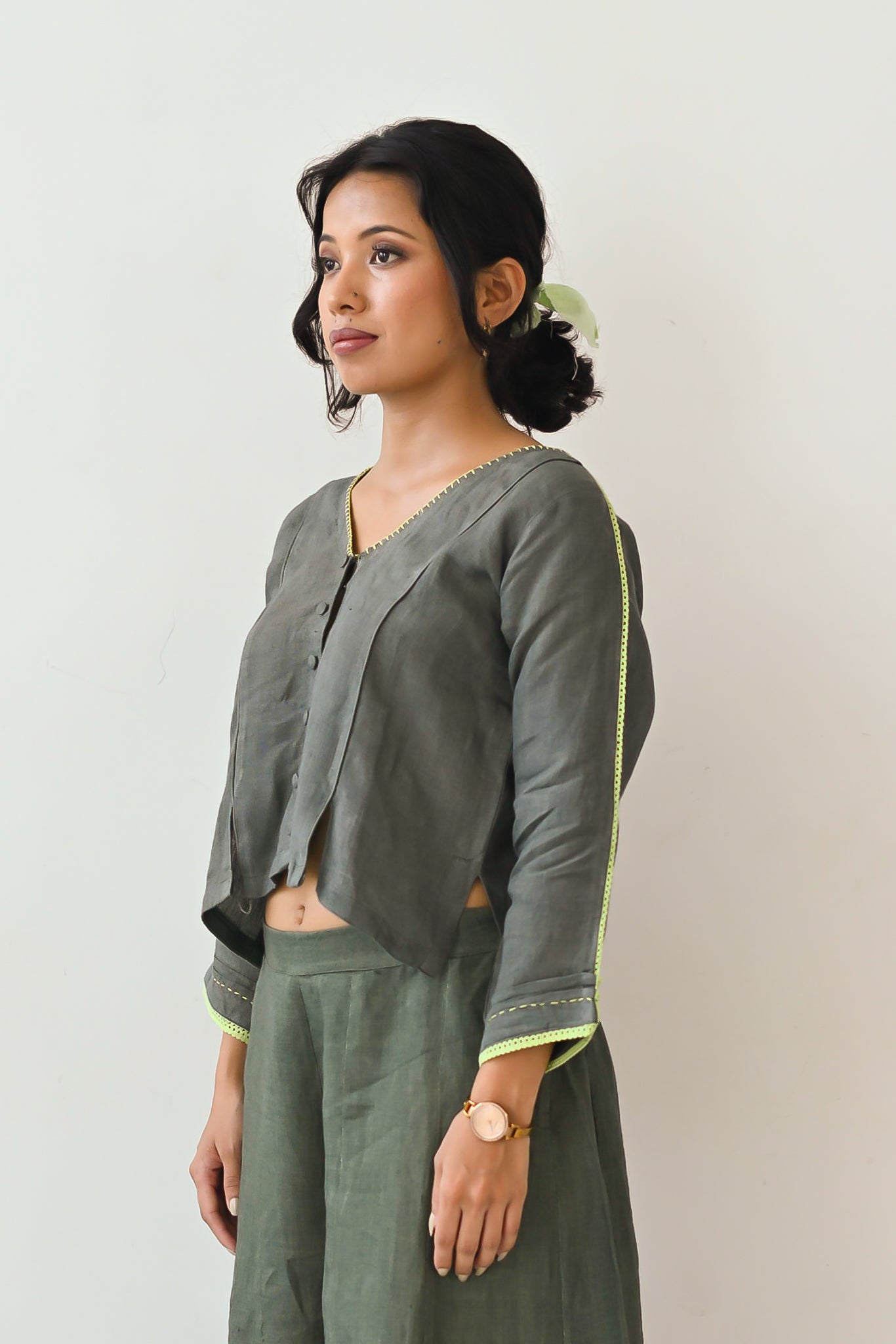 Olive Linen Embroidered Cropped Top